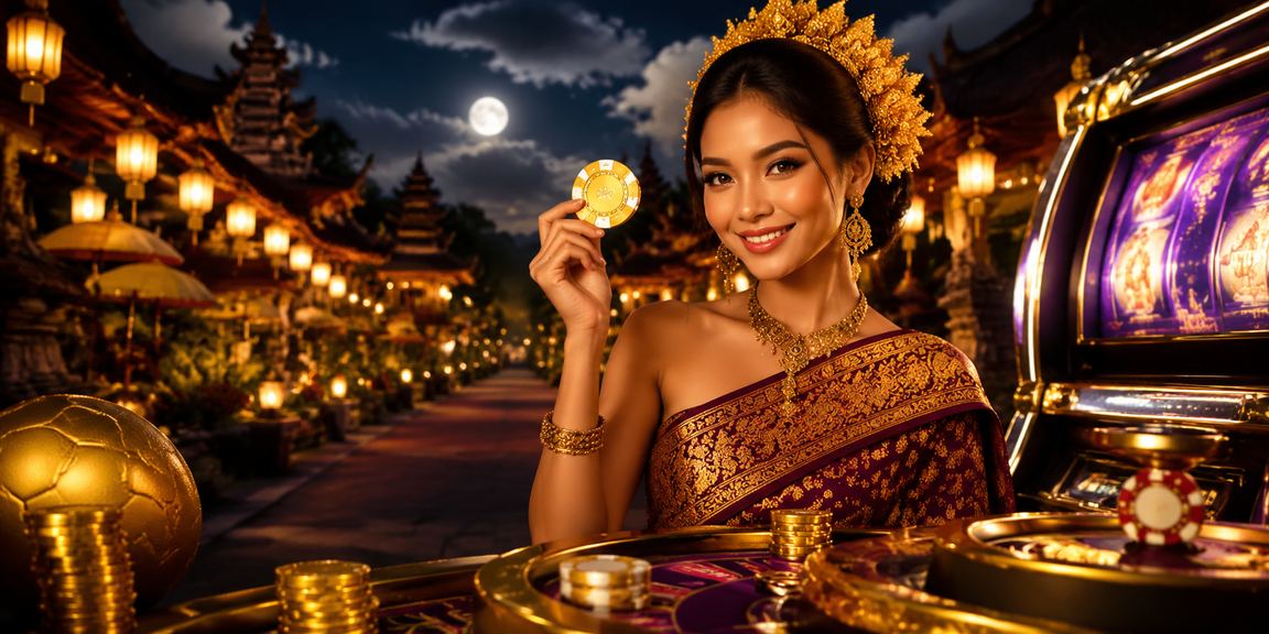Suasana malam dengan lampu lentera dan pengguna mengakses aplikasi casino