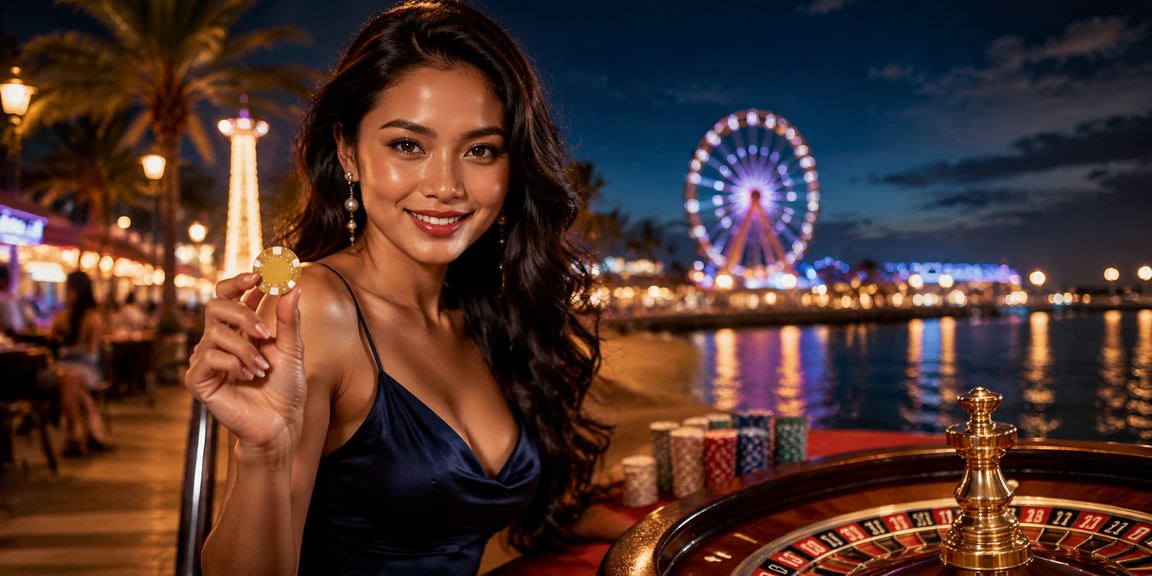 Meja roulette di suasana pantai sebagai ilustrasi casino dewi188